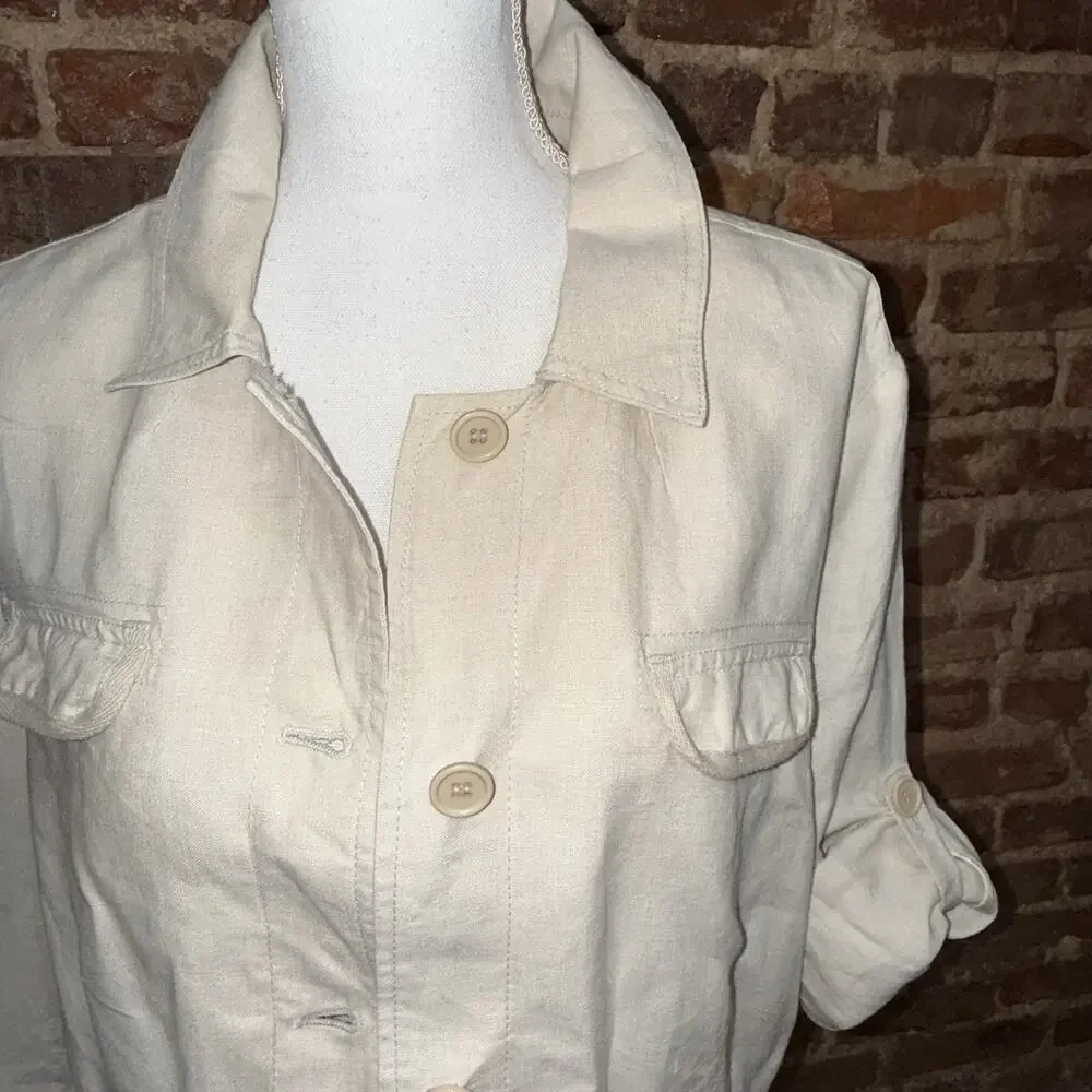 100% Linen Safari Shirt/jacket Utility Coastal Drawstring Waist Roll Tab L EUC - Picture 3 of 13